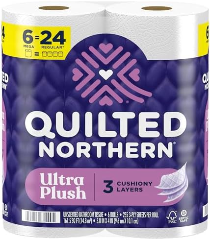 Quilted Northern Ultra Plush Toilet Paper, 6 Mega Rolls = 24 Regular Rolls, 3X Thicker*, 3 Ply Soft Toilet Tissue Quilted Northern