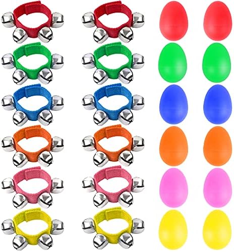 Augshy 24 Packs Shaker Musical Instruments for Kids, 12 Packs Egg Shaker and 12 Packs Wrist Hand Band Jingle Bells Augshy