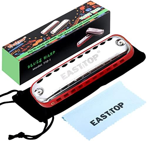 EAST TOP Junior Harmonica,Smoothly Rounded Edge 10 Holes C Key Blues Mouth Organ Harmonica for Kids and Children as Gift,with Fabric Cloth Pouch,Colourful Box, Black East top