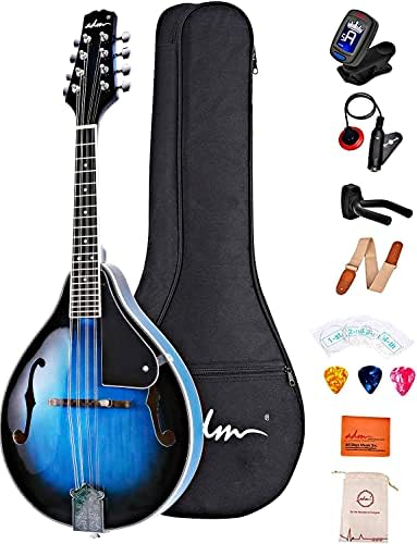 ADM Acoustic Mandolin Instrument Kit Music A Style for Kids Students Adults Wood Mandolins Beginner Set With Bag, Tuner, EQ, Strap, Strings, Picks and Hanger, Blue Adm