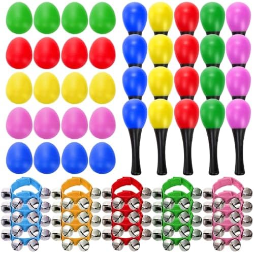 60 Pcs Shaker Musical Instruments, 20 Pcs Kids Egg Shaker with 20 Pcs Wrist Hand Band Bells and 20 Pcs Sand Hammer Shaker, Kids Music Early Learning Percussion Toy, Ideal Gift for Music Lovers Cididu