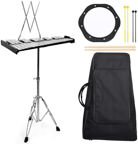 32 Notes Foldable Glockenspiel Xylophone, Bell Kit for Adults and Kids, Percussion Instrument Kit with Adjustable Height Stand, Muted Practice Pad, Music Stand, 3 Mallets, Carrying Bag LOMUTY