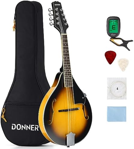 Donner A Style Mandolin Instrument Black Beginner Adult Acoustic Mandolin Musical Instrument Mahogany 8 String, Bundle With Tuner String Bag Guitar Picks, DML-100B Donner