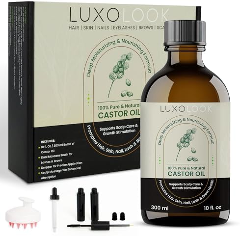 Pure Castor Oil Kit - 300ml (10 fl. oz) Bottle, Cold Pressed & Hexane Free, 100% Pure and Natural, Unrefined, Promotes Hair Growth, Thicker Eyelashes & Eyebrows, Skin & Scalp Care, Nail Strengthener LuxoLook