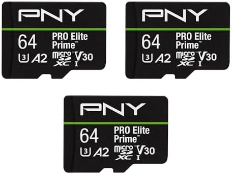 PNY 64GB PRO Elite Prime C10 U3 V30 A2 microSDXC Flash Memory Card – Ultra-Fast Speeds, Read 200MB/s, Write 110MB/s, 4K UHD, Full HD, UHS-I, for Smartphones, Drones, Action Cameras, 3-Pack PNY