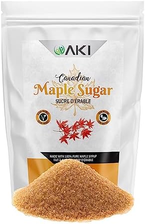 AKI Canadian Maple Sugar Granulated (Light Brown Color) 2 Oz/ 57 g Made from Grade A Maple Syrup, Ideal in Vitamins & Antioxidants to Increase Immunity | GMO free & Vegan | Ideal Substitute for Tea, Coffee, Smoothie, Cocktails, & other Beverages Aki Organic