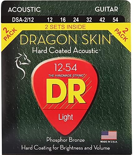 Носители Dragon Skin DSA-2/12, покрытые фосфорным бронзовым проводом для акустической гитары, легкие 12-54 (2 упаковки) DR Strings