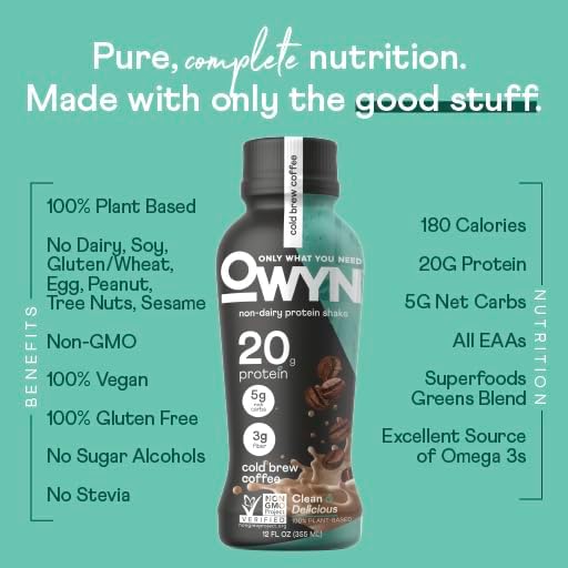 OWYN Only What You Need Dairy Free Protein Coffee Shake, Variety Sampler Pack, Doubleshot + Cold Brew Coffee, 20g plant based protein + Caffeine (12 Pack, 12 Fl Oz Bottles) OWYN Only What You Need