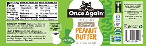 Once Again Organic Creamy Peanut Butter, 16oz - Salt Free, Unsweetened - USDA Organic, Gluten Free Certified, Vegan, Kosher - Glass Jar - 2 Pack Once Again