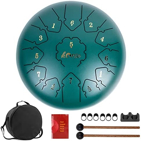 Steel Tongue Drum, Horse 12 Inch 13 Tones Tank Drum C Key Percussion Steel Drum Kit with Drum Mallets Note Stickers Finger Picks Mallet Bracket and Gig Bag(12 Inch 13 Tones Dark Blue) Horse