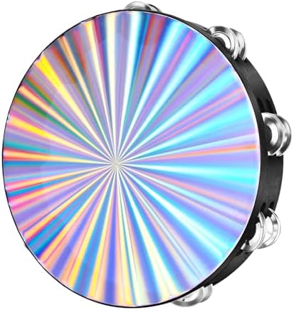 Flexzion Wood Church Tambourine Instrument - 10 Inch Reflective Hand Drums Tambourine for Kids and Adults, Single Row Metal Tambourine for Church, Parties, & Musical Events Flexzion