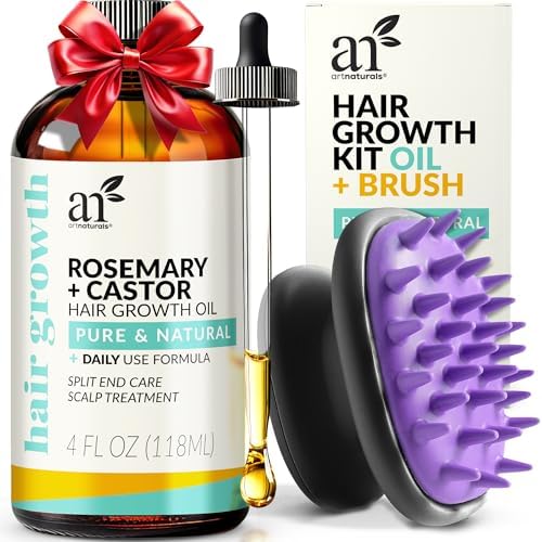 Artnaturals Organic Rosemary Castor Hair Oil + Massager Hair Growth Set Hair Growth Oil 4 ounces with Coconut & Olive Oil for Dry, Damaged & Split End Artnaturals