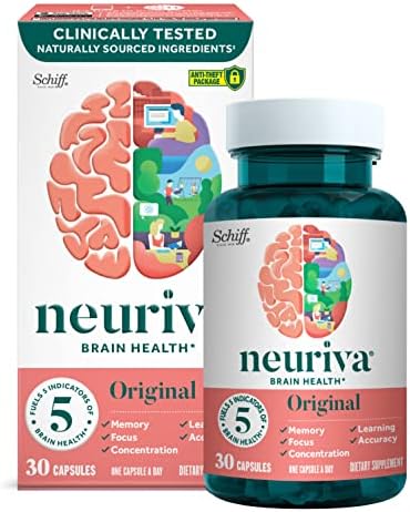 NEURIVA Original Brain Supplement for Memory, Focus & Concentration + Learning & Accuracy with Clinically Tested Nootropics Phosphatidylserine and Neurofactor, Caffeine Free, 30ct Capsules Neuriva