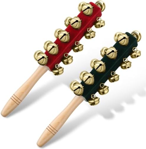 Cindeer 2 Pcs Christmas Hand Sleigh Bells Wooden Handle Jingle Bells Musical Bell Instruments Shaker Rattle Musical Percussion Instrument for Xmas Holiday Wedding Birthday Party Favors (21 Bells) Cindeer