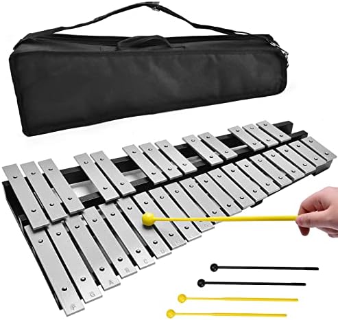 32 Keys Glockenspiel,Foldable Aluminum Xylophone for Adults, Percussion Instruments Kit for Children,Professional Educational Percussion Musical Instrument with 4 Mallets and Carrying Bag Sierjian