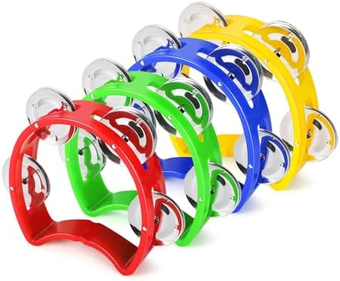 Flexzion Half Moon Musical Tambourine Set of 4, Red Yellow Blue Green, Double Row Metal Jingles Hand Held Percussion Drum with Ergonomic Handle Grip Flexzion