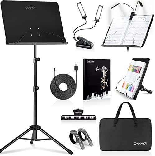 CAHAYA 6 IN 1 Sheet Music Stand with Stand Light Desktop Book Stand with Carrying Bag, Sheet Music Folder & Clip Metal Portable Solid Back for Guitar, Ukulele, Violin Players CAHAYA