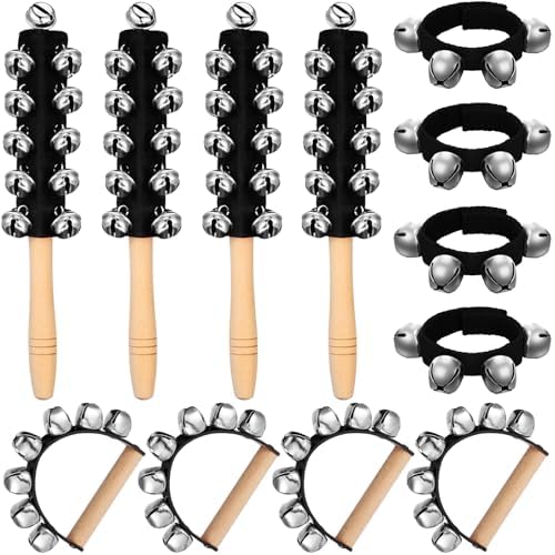 12 PCS Christmas Hand Jingle Bells Wooden Handle Bells Wrist Band Shaking Bells Stick Musical Percussion Instrument Bells for Xmas Holiday Music Enlightenment Birthday Party Favors (Black) Lukmaa