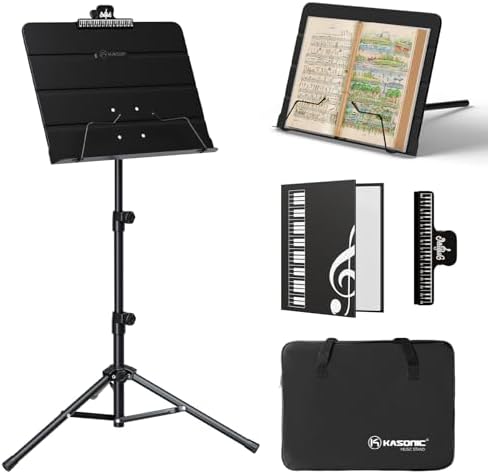 K KASONIC - Dual-Use Folding Sheet Music Stand & Desktop Book Stand with Portable Carrying Bag, Sheet Music Folder & Clip Holder (Black) K KASONIC