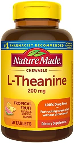 Nature Made Chewable L Theanine 200mg, L-Theanine Supplement for Stress Relief, 50 Chewable Tablets, 50 Day Supply Nature Made