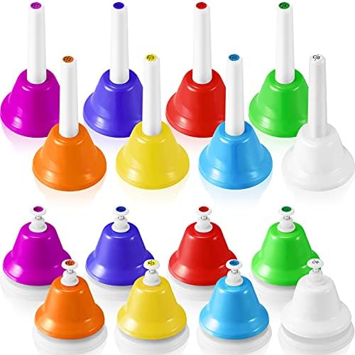 Zhanmai 16 Pieces Music Bells Include 8 Notes Hand Bells and 8 Desk Bells Colorful Diatonic Metal Bells for School Wedding Church Chorus Holiday Party Supplies, 2 Styles Zhanmai