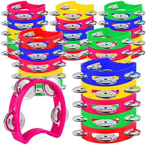 MIAHART 32 Pack Christmas Hand Tambourine Noise Makers Tambourine 4 Bells Plastic Colored Handheld Tambourines Musical Rhythm Instrument for Adults Kids Christmas Party Decoration Favors Miahart