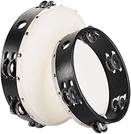 Foraineam 2 Pieces (8 Inch and 10 Inch) Wood Handheld Tambourine, Double Row Metal Jingle Bells Wooden Tambourine Drum Musical Percussion Instrument Foraineam