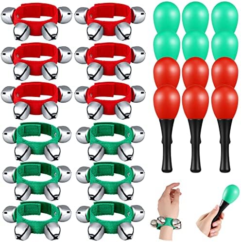 24 Pcs Christmas Shaker Musical Instruments 12 Wrist Hand Band Bells 12 Mini Plastic Maracas Shaker Learning Percussion Toy for Christmas Music Party Favors Noisemaker Leifide