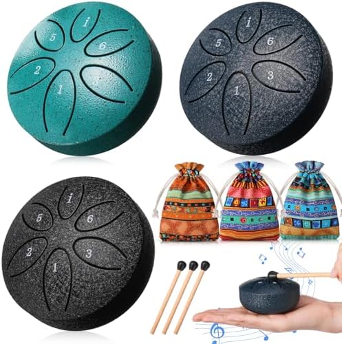 3 Pcs Rain Drum for Outside Mini Steel Rain Bells 3 Inch 6 Notes Echos Drum with Cloth Bags and Mallets Chakra Tongue Rain Instrument Chime for Musical Education Entertainment Meditation Yoga Maasechs