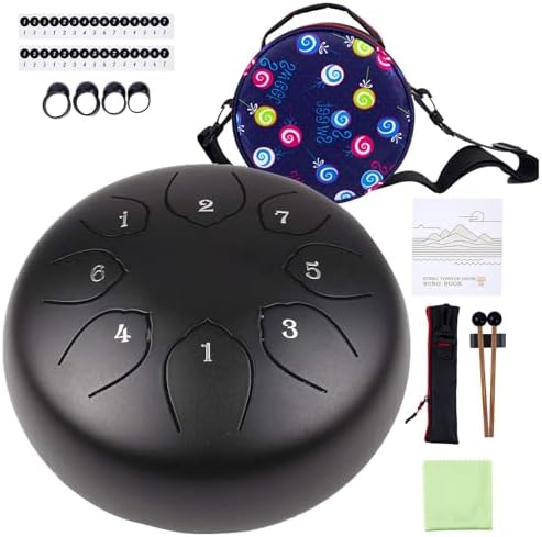 Steel Tongue Drum Kids Instrument: Musical Metal Tank Drums Set 6 Inch 8 Notes C-Key for Meditation Yoga Education Percussion with Bag, Music Book, Mallets, Finger Picks(Black) Musfunny