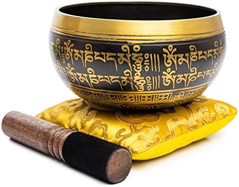 Tibetan Singing Bowl Set - Easy To Play Authentic Handcrafted For Meditation Sound Bowl Chakra Yoga Healing 4 Inches By Himalayan Bazaar (Black & Yellow) HIMALAYAN BAZAAR