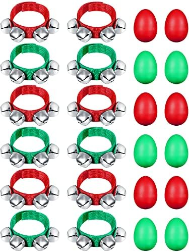 Yeshone 24 Pcs Wrist Bells for Boy Christmas 12 Pcs Plastic Egg Shaker and 12 Pcs Wrist Hand Band Bells Musical Instruments for Girl Adults Christmas Party Favors Musical (red and Green) Yeshone