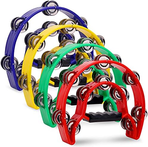 CEE 4 Pack 10 Double Row Tambourine, Half Moon Musical Tambourine 20 Metal Jingles Hand Held Percussion Drum, Panderos Para Adultos, Plastic Tambourines for Adults, Church, KTV, Party, Multicolored CEE