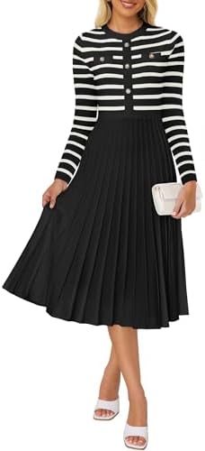 ZESICA Womens Long Sleeve Striped Midi Dresses Crewneck Button Ribbed Knit Pleated A Line Swing Sweater Dress Zesica