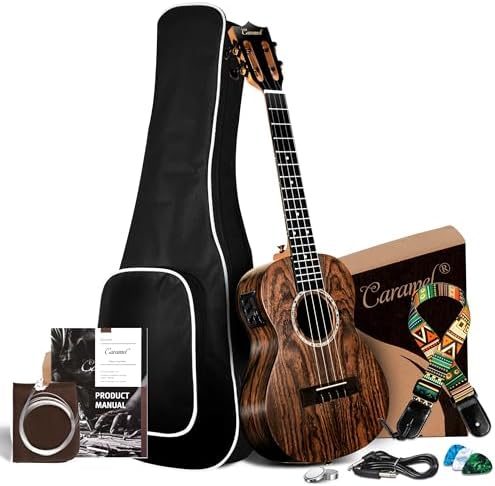 Caramel 26inch CT204 All Solid Acacia Wood Tenor Electric Ukulele Professional Ukelele Kit Beginner Guitar Starter Bundle Strings, Padded Gig Bag, Strap Caramel