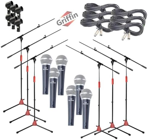 Microphone Boom Stand (GRIFFIN 6 Pack) with Cardioid Vocal Microphones & XLR Mic Cables | Karaoke Holder & Tripod Mount | Handheld Unidirectional Singing Mics for Music Home Studio Recording Streaming Griffin