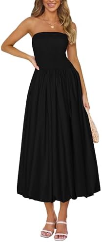 PRETTYGARDEN Women's 2025 Summer Strapless Tube Midi Dress Smocked A Line Bubble Long Flowy Casual Elegant Party Dresses Prettygarden