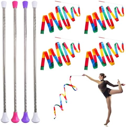 4 Pack Twirling Batons and 4 Piece Colorful Dance Ribbons, 21 Inch Stainless Steel Rhythmic Gymnastics Conducting Batons, Spinning Dance Baton for March Band, Artistic Dancing Covzoe