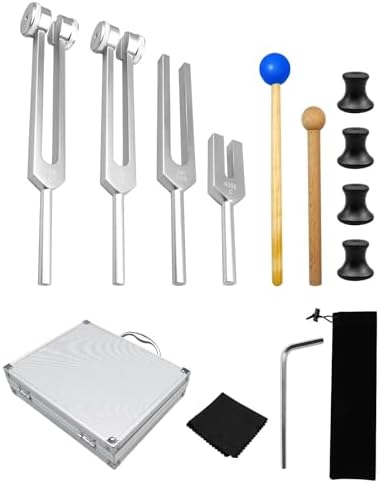 4 Pcs Tuning Fork Set (128Hz, OM 136.1Hz, MI 528Hz, 4096Hz), Solfeggio Tuning Fork Set with Rubber Mallet Sound Tool and Aluminum Box for Sound Regulation Stress Reduction Yoga Meditation Relaxation Qnbes