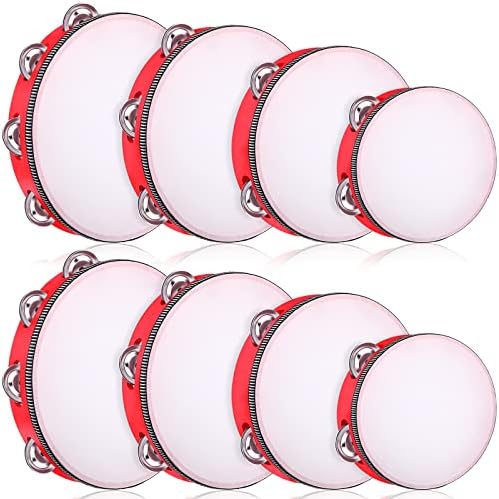 8 Pcs Tambourine for Adults Red Wooden Handheld Tambourine Jingles Come in 4 Sizes Single Row Metal Jingles Tambourine Musical Educational Tambourine Gift Rhythm Percussion Instrument for Church Party Kathfly