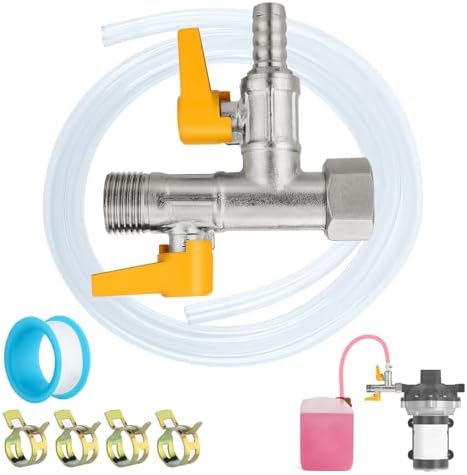 RV 3-Way by-Pass RV Winterizing Kit - Brass RV Pump Converter Winterizing Part, Double Shut-off Design with 59" Hose 4 Clamps, Water System Antifreeze Pump Converter Valve Replacement Kit (1/2"NPT) Madholly