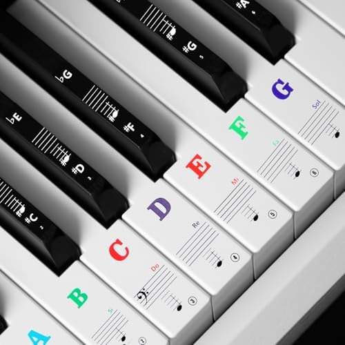 Piano Keyboard Stickers for 88/61/54/49 Key Piano Key Stickers Bold Large Letter Piano Stickers for Learning Transparent and Removable Keyboard Stickers Piano Notes Guide (Colorful) Psyqtsuary