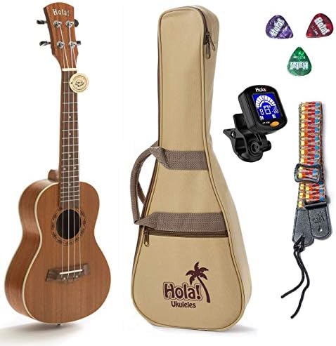 Concert Ukulele Bundle, Deluxe Series by Hola! Music (Model HM-124MG+), Bundle Includes: 24 Inch Mahogany Ukulele with Aquila Nylgut Strings Installed, Padded Gig Bag, Strap and Picks Hola! Music