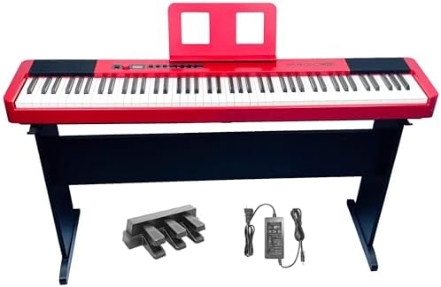 Digital Piano 88 Keys, Heavy Hammer Digital Piano Full Size with Stand, France DREAM,Triple Pedals, Music Stand & Adapter. Ideal for Beginners Music Lovers. 25W X2 Speakers, BT/USB/MIDI (RED) MAGICON