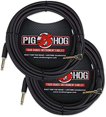 Pig Hog PCH20BKR Black Woven Instrument Cable, 20ft Right Angle - 2 Pack Pig Hog