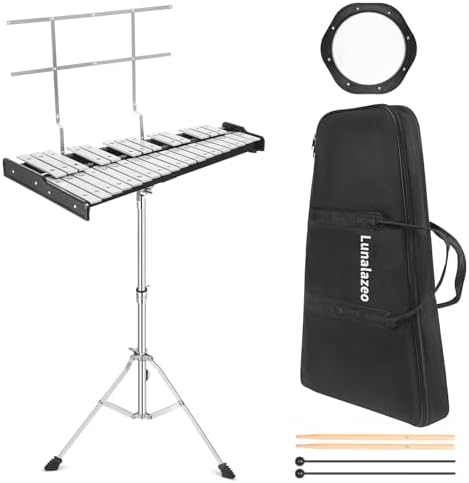 32 Note Professional Glockenspiel Xylophone Bell Kit with Adjustable Stand Music Stand Practice Pad Carry Bag for Adult Beginner Students Lunalazeo