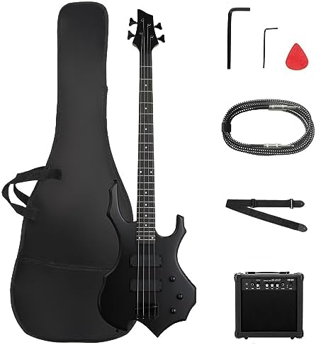 Ktaxon Electric Bass Guitar Full Size Flame Design Bass Set with 20 Watt Amplifier, Portable Bass Bag, Superior Amp Wire, Adjustable Guitar Strap, Plectrum, Wrench Tool(Black) Ktaxon