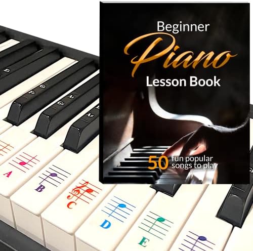 Beginner Piano Book for Kids, Piano Keyboard Stickers, 50 Amazing & Popular Songs, Color Piano Key Stickers for 88/76/61/54/49/37 Key Keyboards, Transparent and Removable QMG