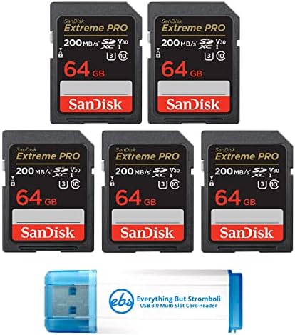 SanDisk 64GB (Five Pack) Extreme Pro Memory Card (SDSDXXU-064G-GN4IN) SDXC 4K V30 UHS-I with Everything But Stromboli 3.0 Combo Reader Everything But Stromboli