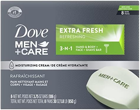 Dove Men+Care 3 in 1 Bar Cleanser for Body, Face, and Shaving to Clean and Hydrate Skin Extra Fresh Body and Facial Cleanser More Moisturizing Than Bar Soap 3.75 oz 8 Bars Dove Men + Care